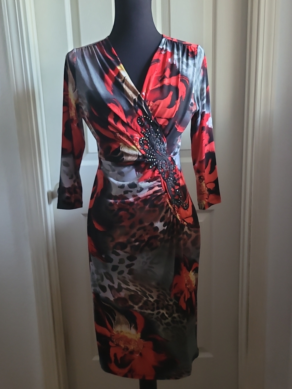 Boston Proper Red Black Wrap Midi Dress SUPER STRETCHY NEW WITH TAG S CRYSTALS